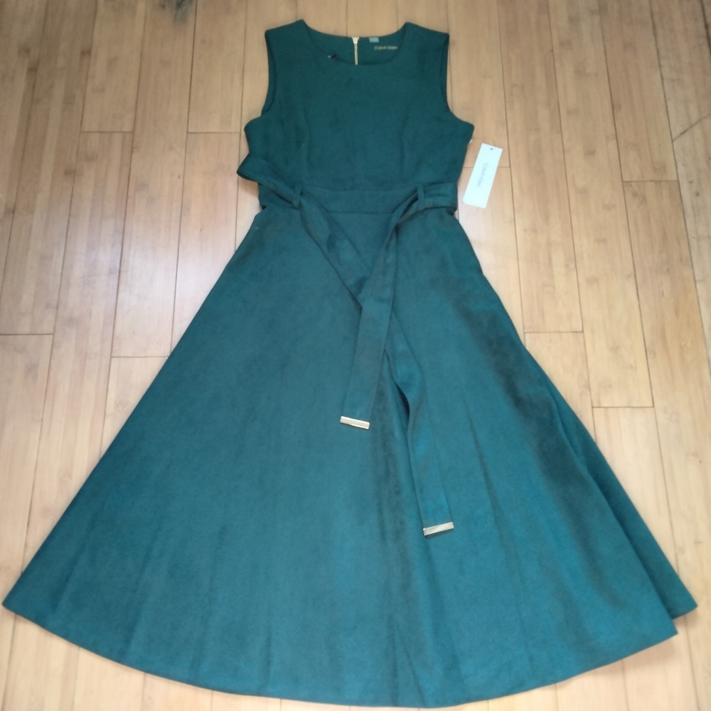 Calvin Klein NWT Faux Suede Green Midi Dress Size 8 A-Line Sleeveless Belted